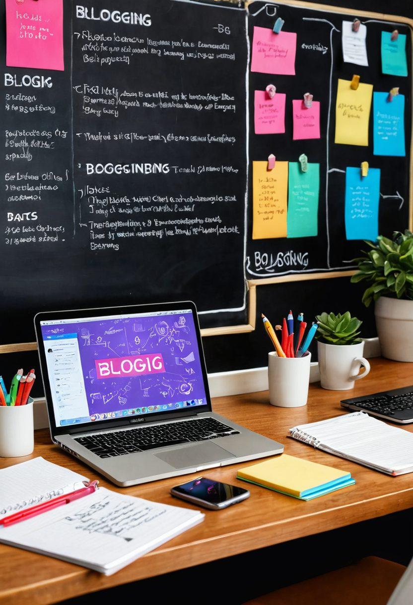 A vibrant and inviting workspace featuring an open laptop displaying a colorful blog interface, surrounded by notepads and coffee cups. In the background, a chalkboard with brainstorming notes on TGP-friendly blogging strategies. Incorporate elements like light bulbs for ideas and arrows symbolizing traffic growth. Bright and engaging colors. vector art.