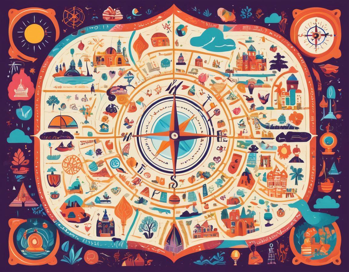 A vibrant, abstract map illustrating diverse niche and lifestyle blog topics, such as travel, food, fashion, and wellness, interconnected with colorful pathways symbolizing TGP support. Include whimsical icons representing each blog niche, balanced with a friendly compass guiding through the maze. The background should radiate a sense of exploration and creativity. bright colors. vector art.