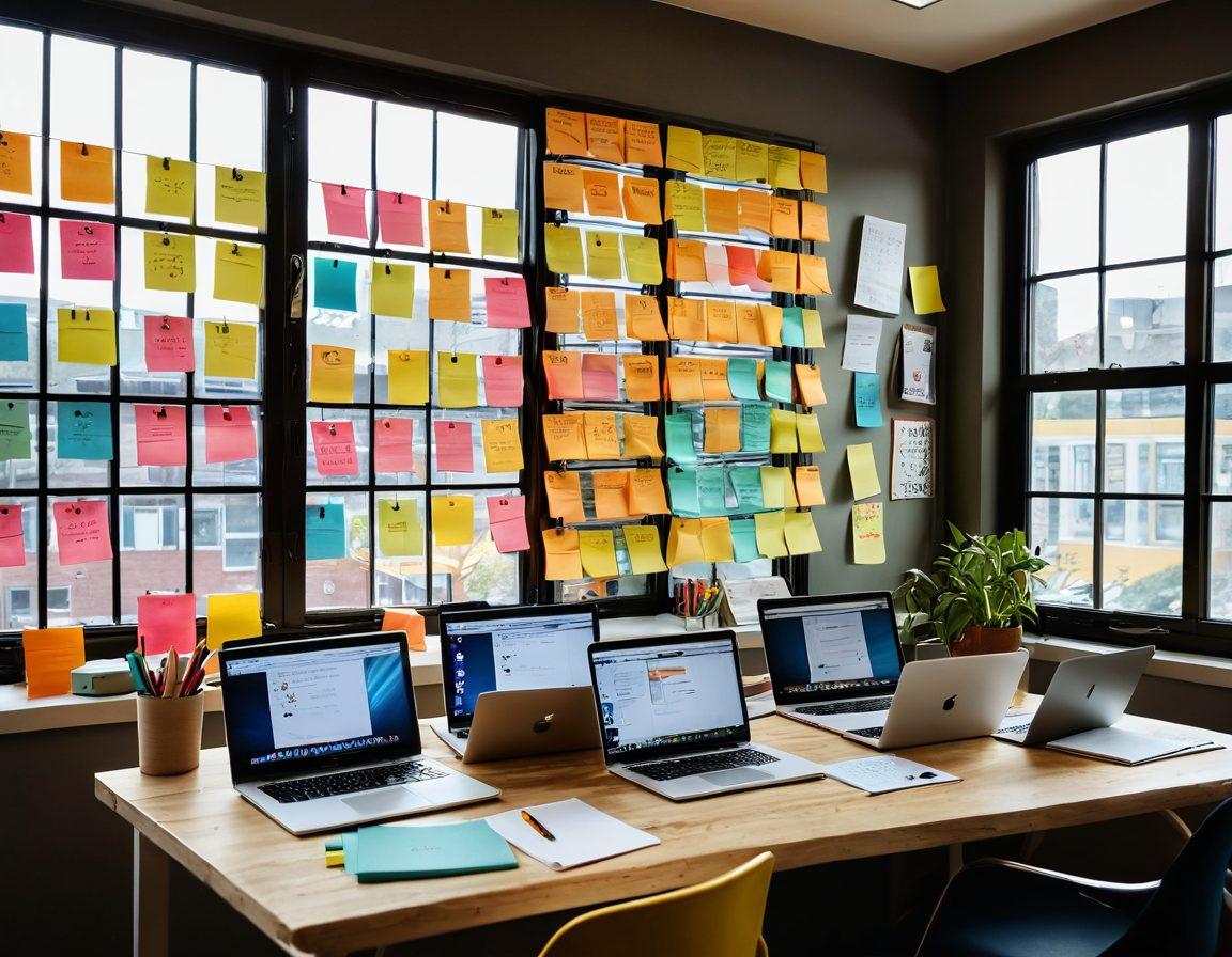 A modern workspace featuring a diverse group of bloggers passionately brainstorming creative content ideas, surrounded by laptops, colorful sticky notes, and inspirational quotes on walls. The atmosphere is lively and collaborative, with a large window revealing a sunny day outside, symbolizing opportunities. super-realistic. vibrant colors. soft focus.